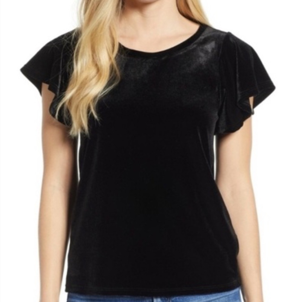 S Gibson Look Crushed Velvet flutter sleeve top small short sleeved soft black